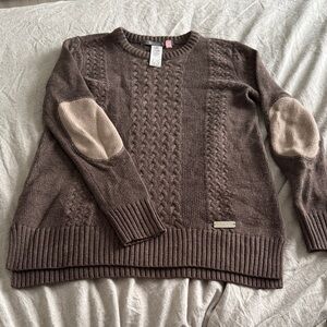 Elegant Brown Cable Knit Sweater with Elbow Patches
